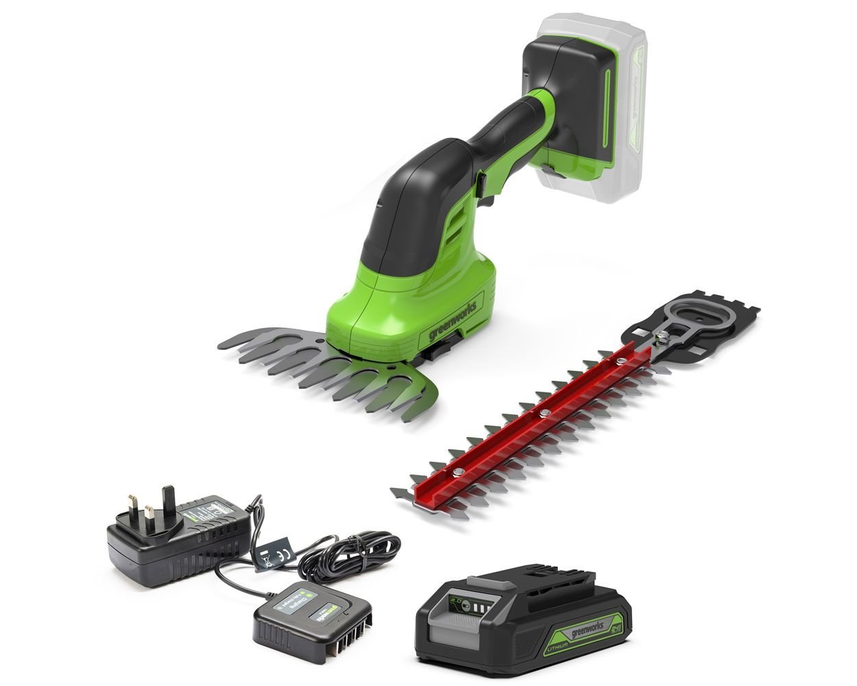 GreenWorks G24SHT 2-in-1 24V Cordless Grass Shrub Shear (with 2.0Ah Battery & 0.5Ah Micro Charger)